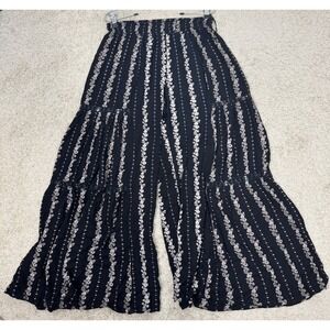 Nostalgia Womens S Black Floral Stripe Wide Leg Pants Smocked Tiered Festival